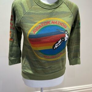 Aviator Nation Olive Green Camo Surf Pullover with Multicolor Retro Logo
